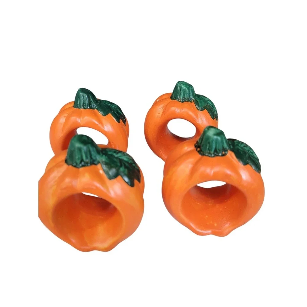 Vintage Ceramic Pumpkin Napkin Rings Set Of 4 Halloween Fall Thanksgiving 3